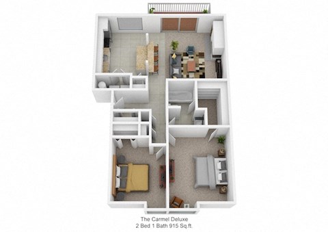 Floor plan for 2 beds, 1 bath, 915 sqft